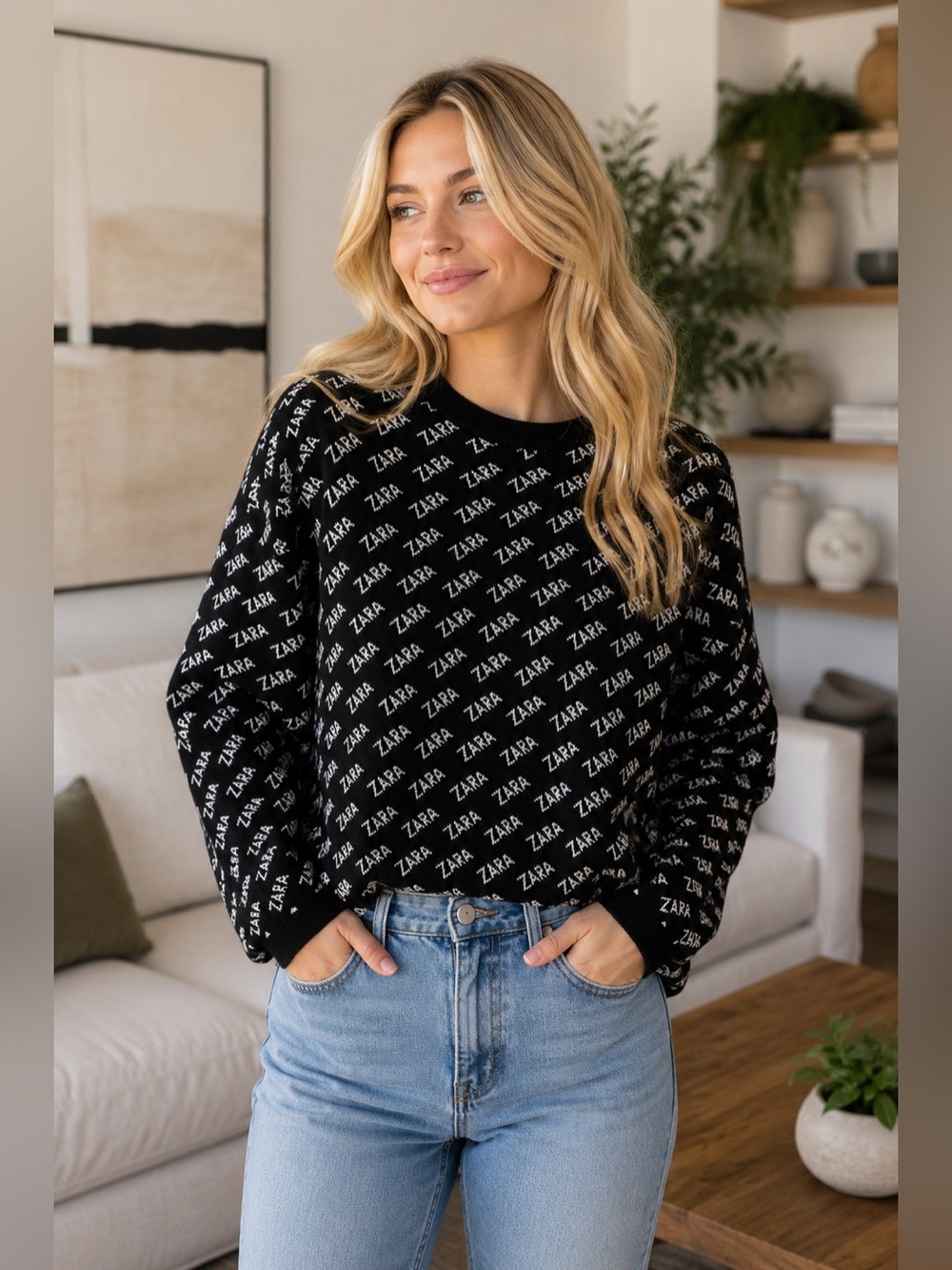 Zara Knit Logo All Over Monogram Print Black White Size Small